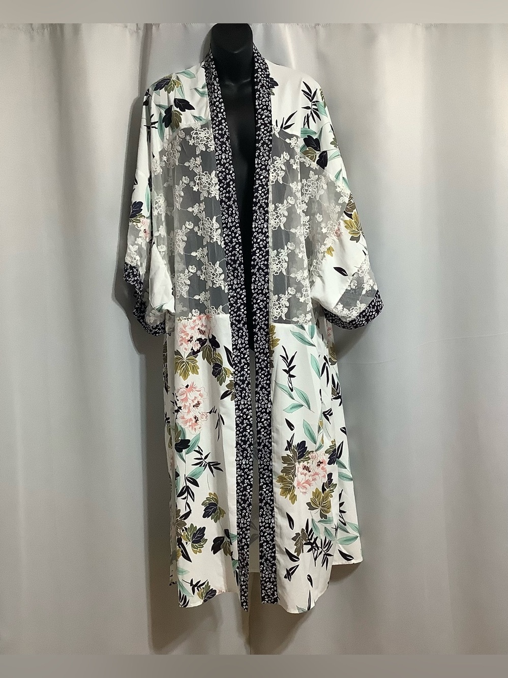 Boho Mixed Floral Longline Kimono Coverup with Lace OS Open Front